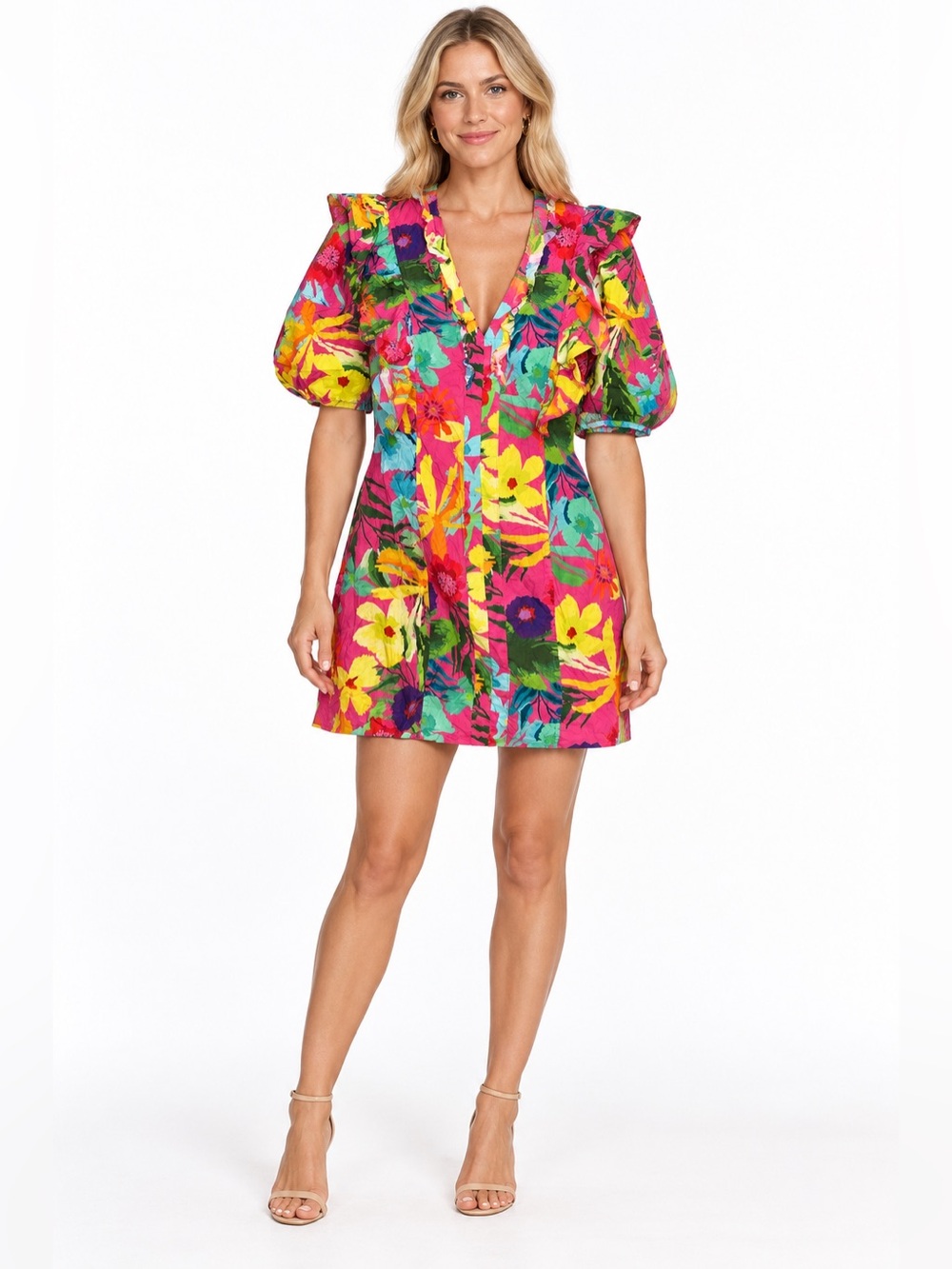 Fate Size Small Vibrant Floral Puff-Sleeve Mini Dress - Pink Multi